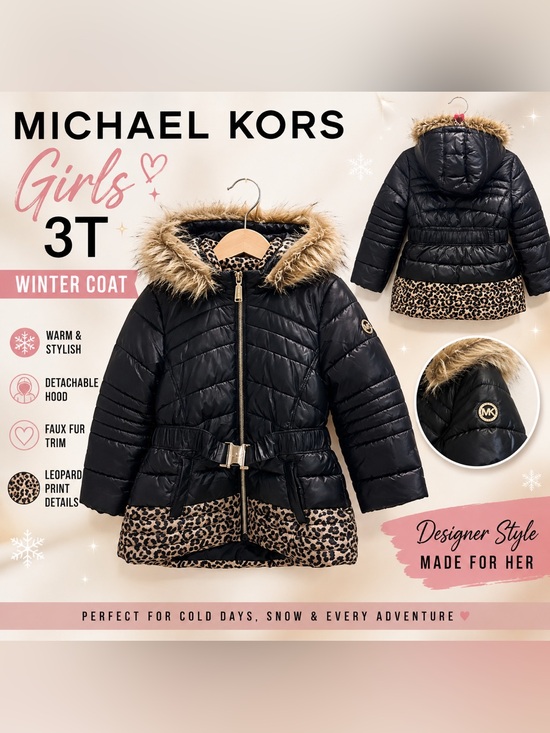 Michael Kors Other - Michael Kors Girls 3T Puffer Coat Faux Fur Hood Black Leopard Print Jacket